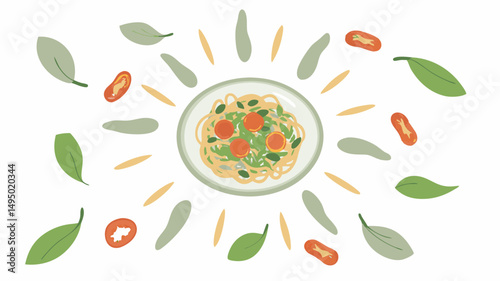 Illustration of a plate of pasta with tomatoes and basil leaves surrounded by scattered basil and tomatoes