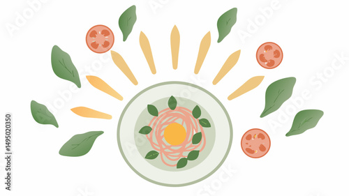 Illustration of a plate of pasta with egg and basil surrounded by tomatoes and pasta pieces