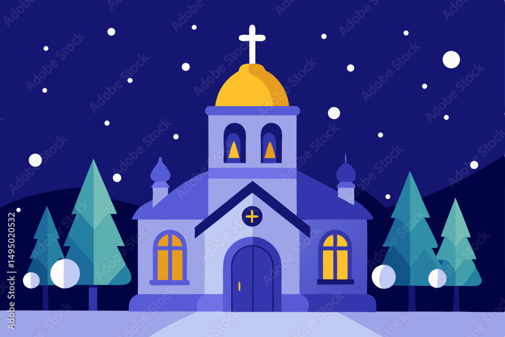 Fototapeta premium traditional church with bells on snowy night vector illustration