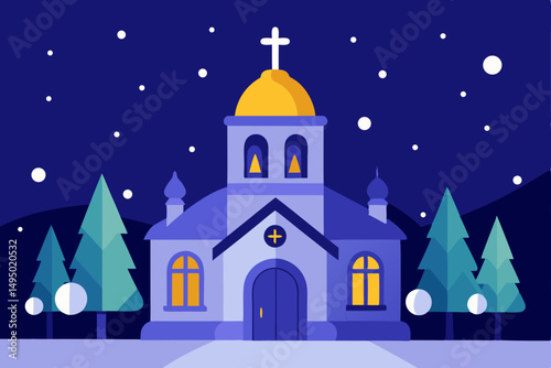 traditional church with bells on snowy night vector illustration