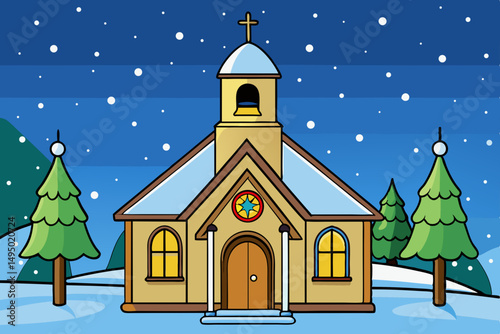 Traditional Church with Bells on Snowy Night Vector Illustration