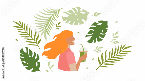 Woman with orange hair drinking a green smoothie surrounded by tropical leaves on a white background