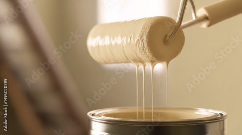 Close-up of a dripping paint roller hovering over a half-used steel can, with super sharp focus on the thin streams of paint forming between the roller and the can.