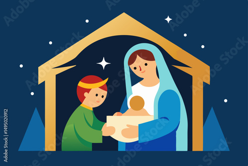 mary and baby jesus in humble stable vector illustration