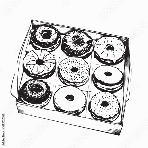 Delicious Donuts on paper box image vector isolated on white background.