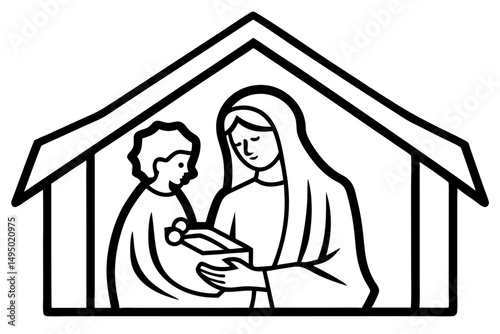 mary and baby jesus in humble stable vector illustration