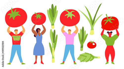 Group of people holding tomatoes and leeks with an artichoke on a white background illustration