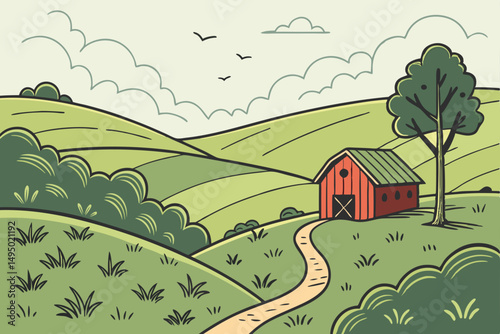 Peaceful countryside with rolling hills and river vector illustration