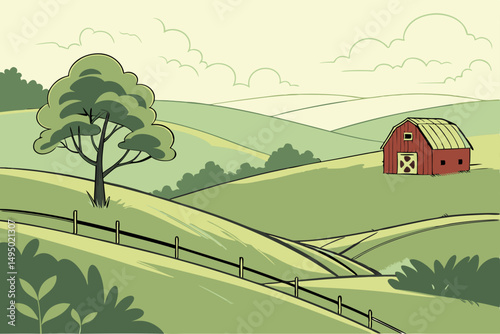 Rural landscape with peaceful hills and cozy homes vector illustration