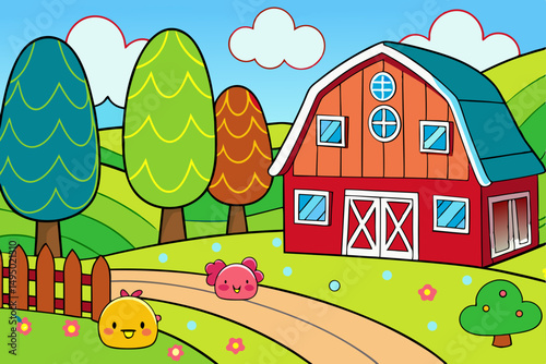 Peaceful countryside with rolling hills and river vector illustration