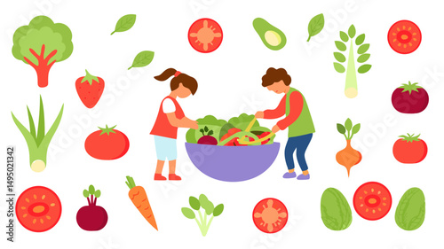 Children making a salad with fresh vegetables including tomatoes carrots and leafy greens in a bowl together