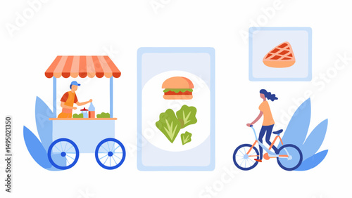 Illustration showing a food cart, online food order, and a person delivering food on a bicycle ride