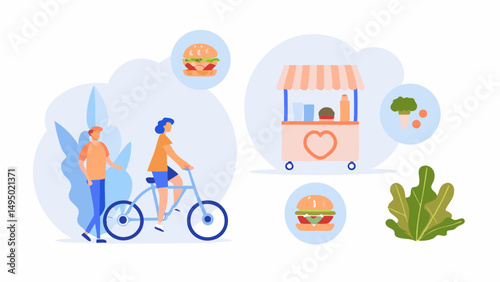 Illustration of a woman riding a bicycle near a man walking, with food icons and a food stand around them