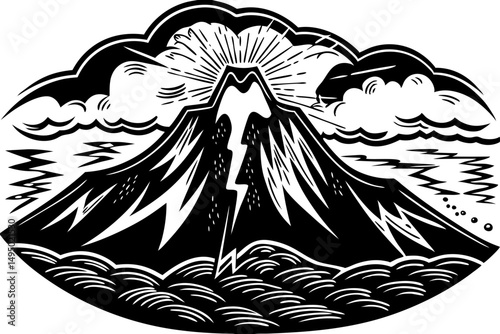 lightning bolt striking dark mountain peak vector illustration