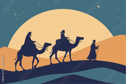 three wise men with camels in desert silhouette vector illustration