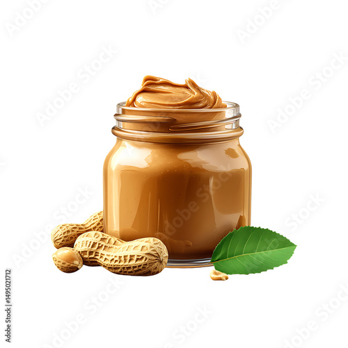 Peanut butter in a glass jar with few peanuts isolated on a transparent background, in a PNG format