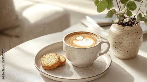 Cozy coffee break. Latte art, cookies, and a plant create a calming, aesthetic scene in soft, natural light.