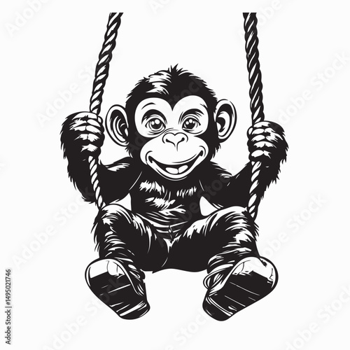 Cute monkey swinging on a rope smiles cheerfully image vector isolated on white background.