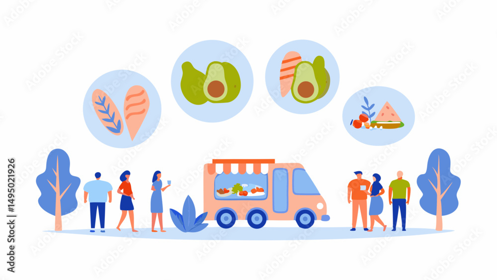 Obraz premium Illustration of a food truck with people and trees and food icons above the truck in light blue circles