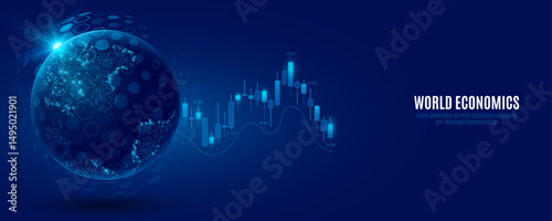 Futuristic investment financial data with Earth globe. World economics background. Stock market trading graph. Business technology concept. Vector illustration
