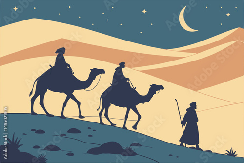 three wise men with camels in desert silhouette vector illustration