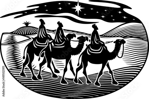 Three Wise Men with Camels in Desert Silhouette Vector Illustration