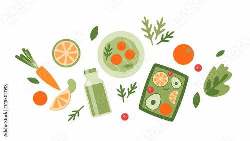 Illustration of fresh fruits vegetables and a bottle of juice arranged in a vibrant and healthy display