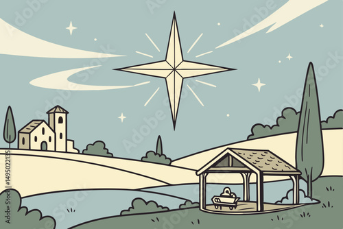 holy night with shining bethlehem star vector illustration
