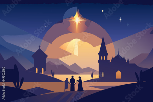 holy night with shining bethlehem star vector illustration