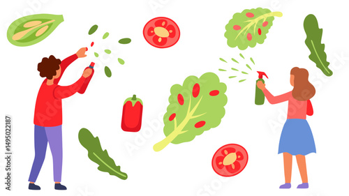 People spraying vegetables and leaves with spray bottles in a colorful illustration style drawing