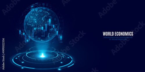 Holographic planet Earth with investment financial data and HUD circle. World economics background. Stock market trading graph. Business technology concept. Vector illustration