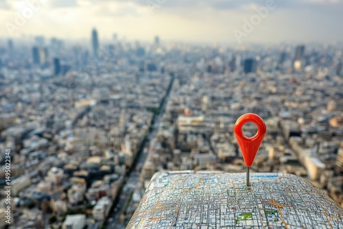 Red map pin centered on city map, aerial view