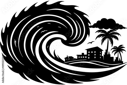 hurricane over coastal city with crashing waves vector illustration