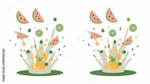 Illustration of fruit salad with watermelon kiwi and other fruits in a whimsical and playful style art