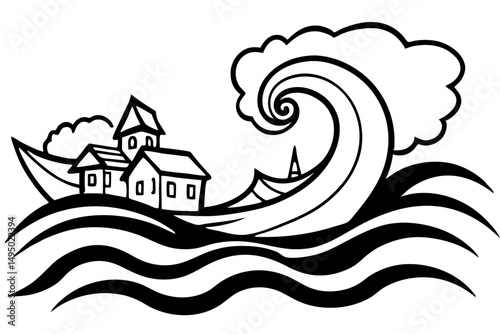 hurricane over coastal city with crashing waves vector illustration