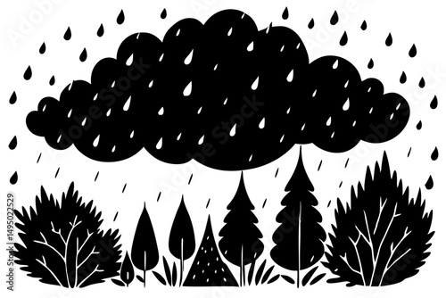 heavy rainstorm in dense forest with glistening leaves vector illustration