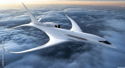 Futuristic white jet plane soaring above clouds