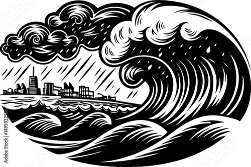 Hurricane over a coastal city with waves crashing violently vector illustration