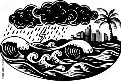 Hurricane over a coastal city with waves crashing violently vector illustration