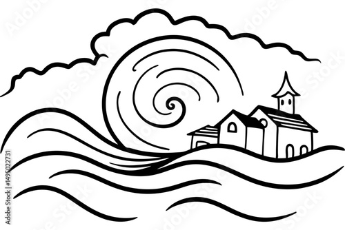 hurricane over coastal city with crashing waves vector illustration