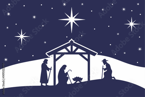 nativity scene under starlit sky silhouette vector illustration