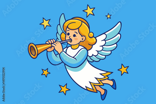 angel blowing trumpet among stars vector illustration