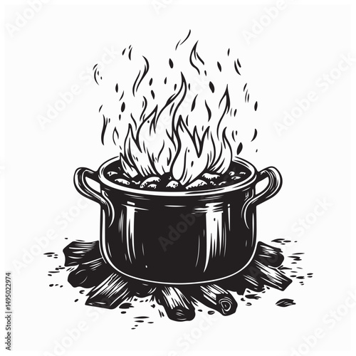 Pot Boil Fire Wood Image vector isolated on white background.