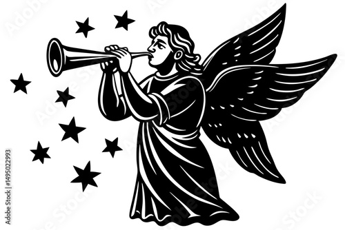 angel blowing trumpet among stars vector illustration
