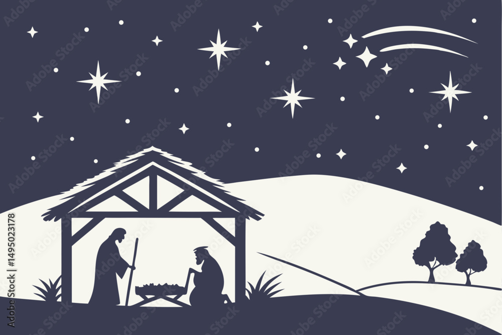 Fototapeta premium nativity scene under starlit sky silhouette vector illustration