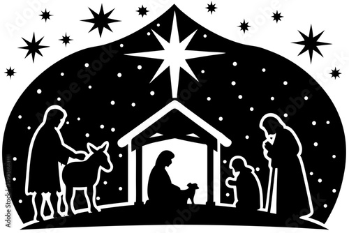 nativity scene under starlit sky silhouette vector illustration