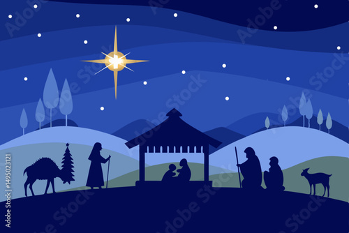 nativity scene under starry sky silhouette vector illustration