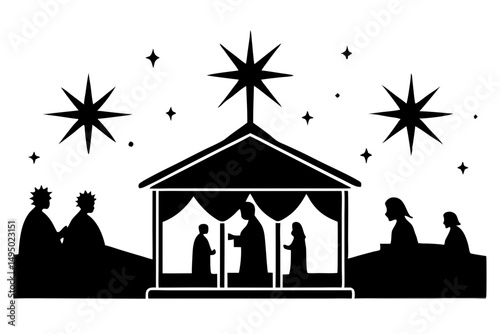 nativity scene under starlit sky silhouette vector illustration