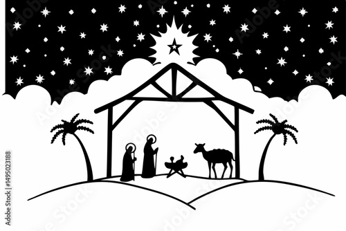 Holy nativity scene under starlit night silhouette vector illustration