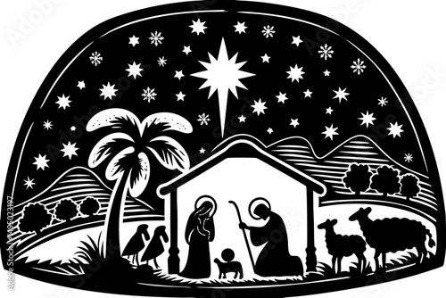 Nativity scene silhouette under star-filled sky vector illustration